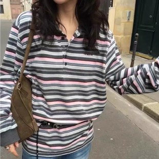 高品质！breathe韩国东大门2025秋新款polo领长袖撞色条纹复古T恤