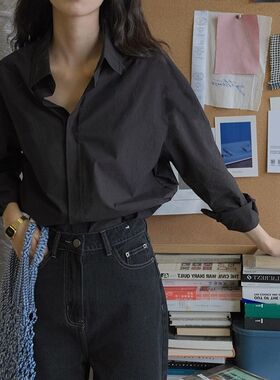 2025春秋新款法式复古上衣宽松慵懒风黑色衬衫女长袖叠穿打底衬衣