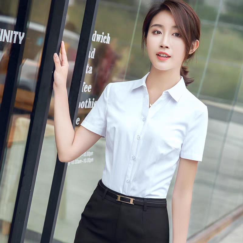 V领白衬衫女短袖夏季新款职业正装工作服气质工装女士白色衬衣蓝