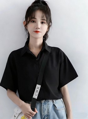 黑色雪纺短袖衬衫女西装正肩2026夏季新款衬衣小个子法式通勤上衣