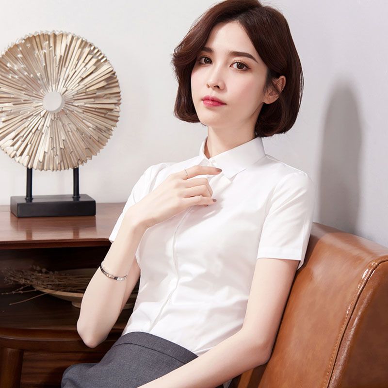 v领短袖衬衫女职业气质夏季酒店工作服正装修身2024年新款白衬衣L