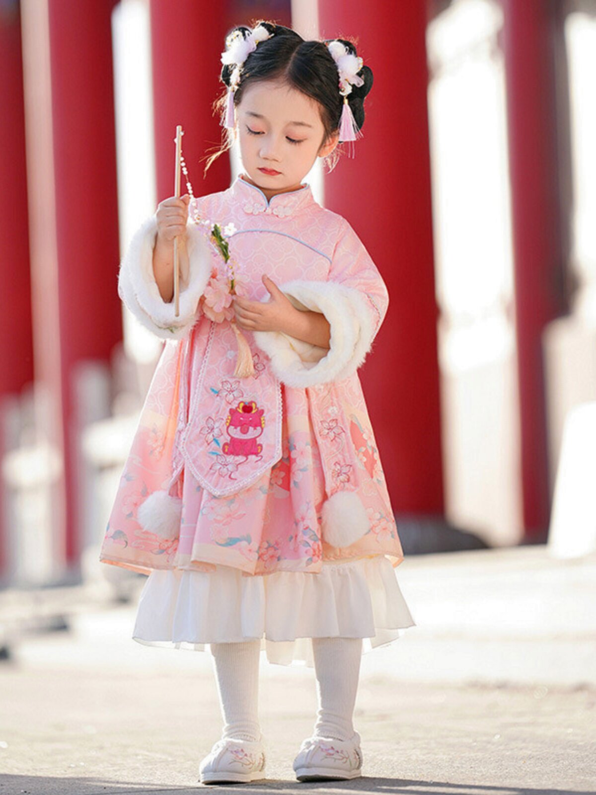 여자 수 놓은 중국 스타일 XIAOLONG HANFU 정장 어린이 붉은 축제 새해 인사 정장 플러스 벨벳 두꺼운 HANFU 스커트 겨울