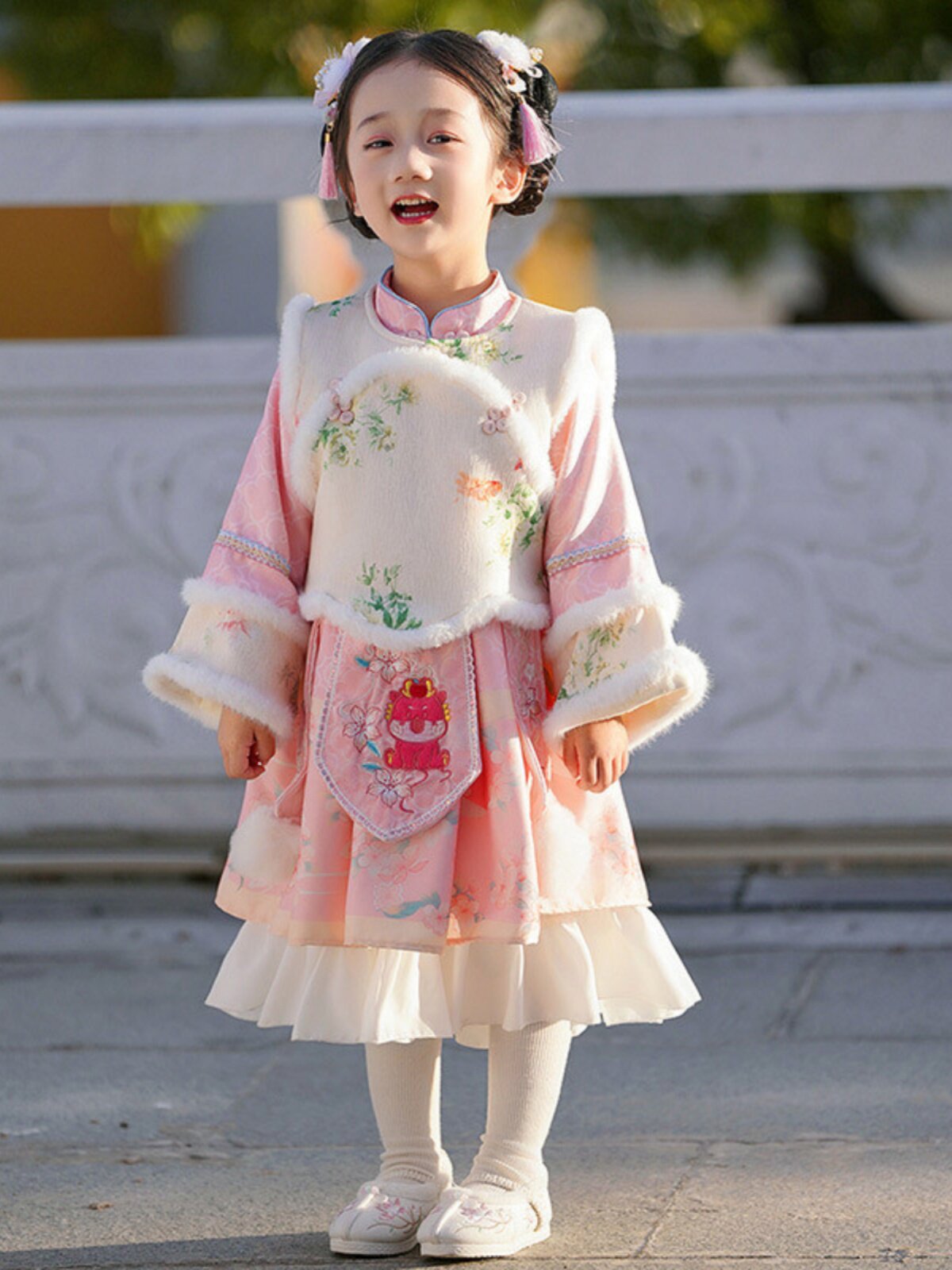 여자 수 놓은 중국 스타일 XIAOLONG HANFU 정장 어린이 붉은 축제 새해 인사 정장 플러스 벨벳 두꺼운 HANFU 스커트 겨울