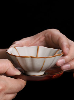 台湾柏韵汝窑冰裂纹开片可养家用轻奢高档茶杯品茗杯汝瓷主人单杯