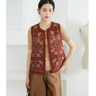 一丝牵非遗苗绣100%桑蚕丝香云纱真丝新中式 马甲上衣女外穿马夹秋