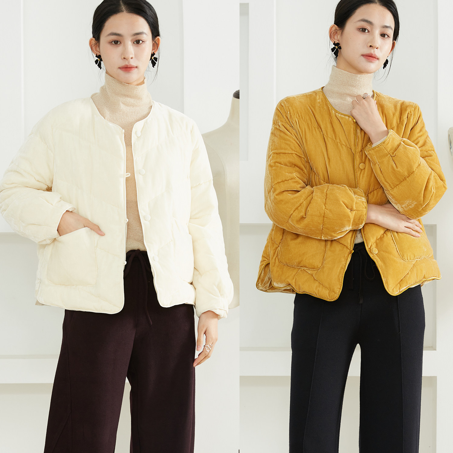 SILVIYE90白鸭绒新中式丝绒羽绒服宽松圆领保暖冬装外套面包服女