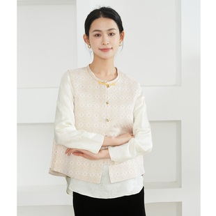 SILVIYE溯也 马甲女100%桑蚕丝圆领马夹上衣春 国风真丝宋锦新中式