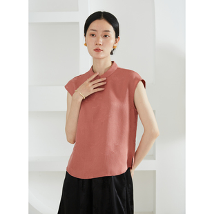 一丝牵 花朵图案真丝立领国风上衣夏季100%桑蚕丝绞罗短袖T恤2025