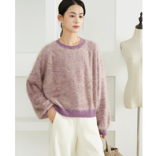 一丝牵高重100%山羊绒无缝一体拉绒圆领羊绒针织衫宽松百搭毛衣