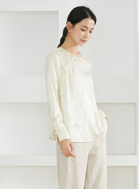 一丝牵 真丝提花花萝圆领斜门襟上衣女桑蚕丝国风盘扣长袖衬衫春