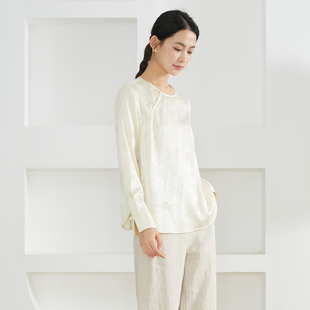 春 衬衫 一丝牵 真丝提花花萝圆领斜门襟上衣女桑蚕丝国风盘扣长袖