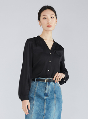 高定 弹力双乔真丝V领长袖衬衫女桑蚕丝上衣女设计感黑色衬衣上衣
