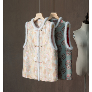 一丝牵填充100%桑蚕丝水貂毛真丝宋锦马甲棉服国风提花棉衣外套女