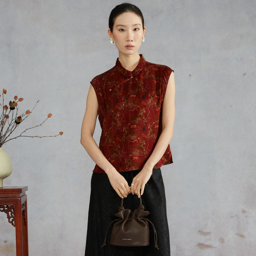 SILVIYE溯也 虎镇五毒100%桑蚕丝国风立领真丝无袖上衣女马甲坎肩