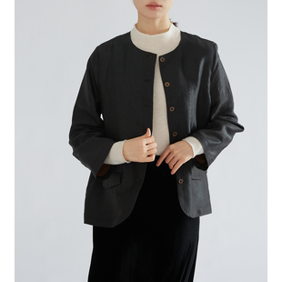 一丝牵 圆摆设计 桑蚕丝香云纱龟裂纹真丝圆领外套双口袋开衫 挽袖