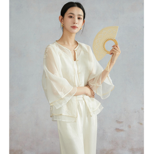 溯也 桑蚕丝真丝欧根纱微透防晒衣开衫女新中式花边刺绣上衣