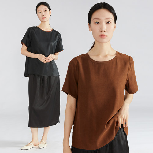 一丝牵 双面穿 缎平龟真丝香云纱短袖T恤女香云纱桑蚕丝上衣