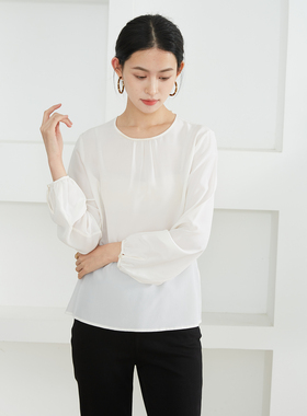 一丝牵 100%桑蚕丝双绉真丝上衣女白色圆领灯笼袖长袖T恤宽松早春