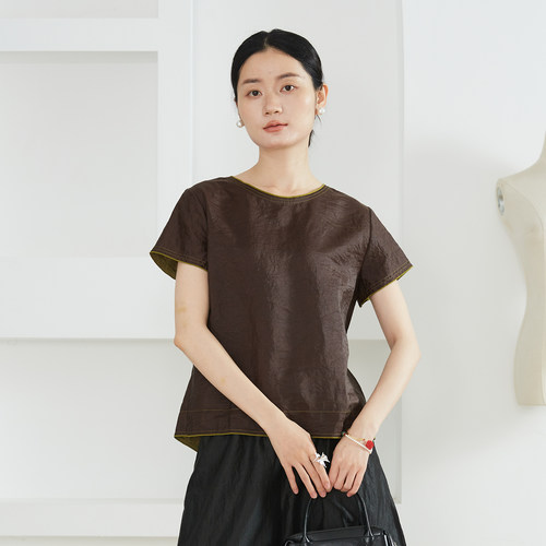一丝牵 前后两穿撞色圆领真丝香云纱短袖T恤上衣100%桑蚕丝宽松夏
