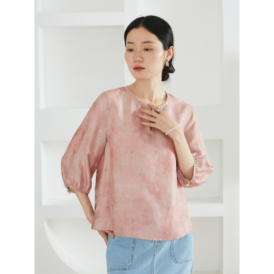 一丝牵 双面穿 全罗真丝绞萝圆领上衣女桑蚕丝国风七分袖衬衣宽松