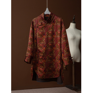高定40姆米100%桑蚕丝重缎虎镇五毒香云纱真丝立领衬衫 宽松上衣女