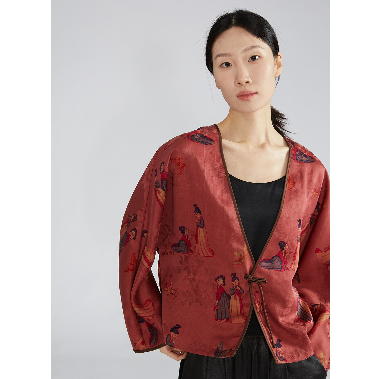 溯也 100%桑蚕丝真丝香云纱提花茶服外套国风小唐人宽松开衫早春