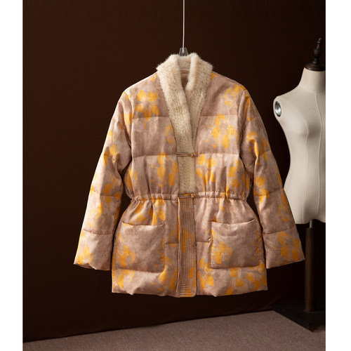 一丝牵 新国标90白鸭绒编织水貂毛领提花羽绒服加厚保暖外套25冬