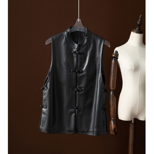 一丝牵100%绵羊皮国风盘扣马甲复古无袖 坎肩 立领真皮皮衣外套女装