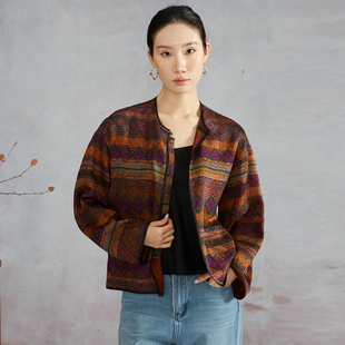 高定 真丝圆领宽松外套上衣女 100%桑蚕丝双面穿香云纱提花新中式