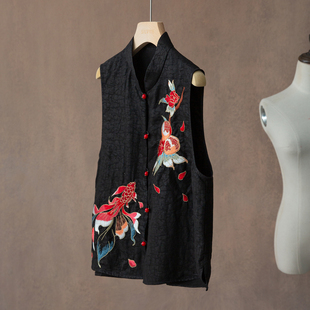 100%桑蚕丝龟纹香云纱锦鲤石榴花刺绣真丝马甲上衣女 SILVIYE溯也