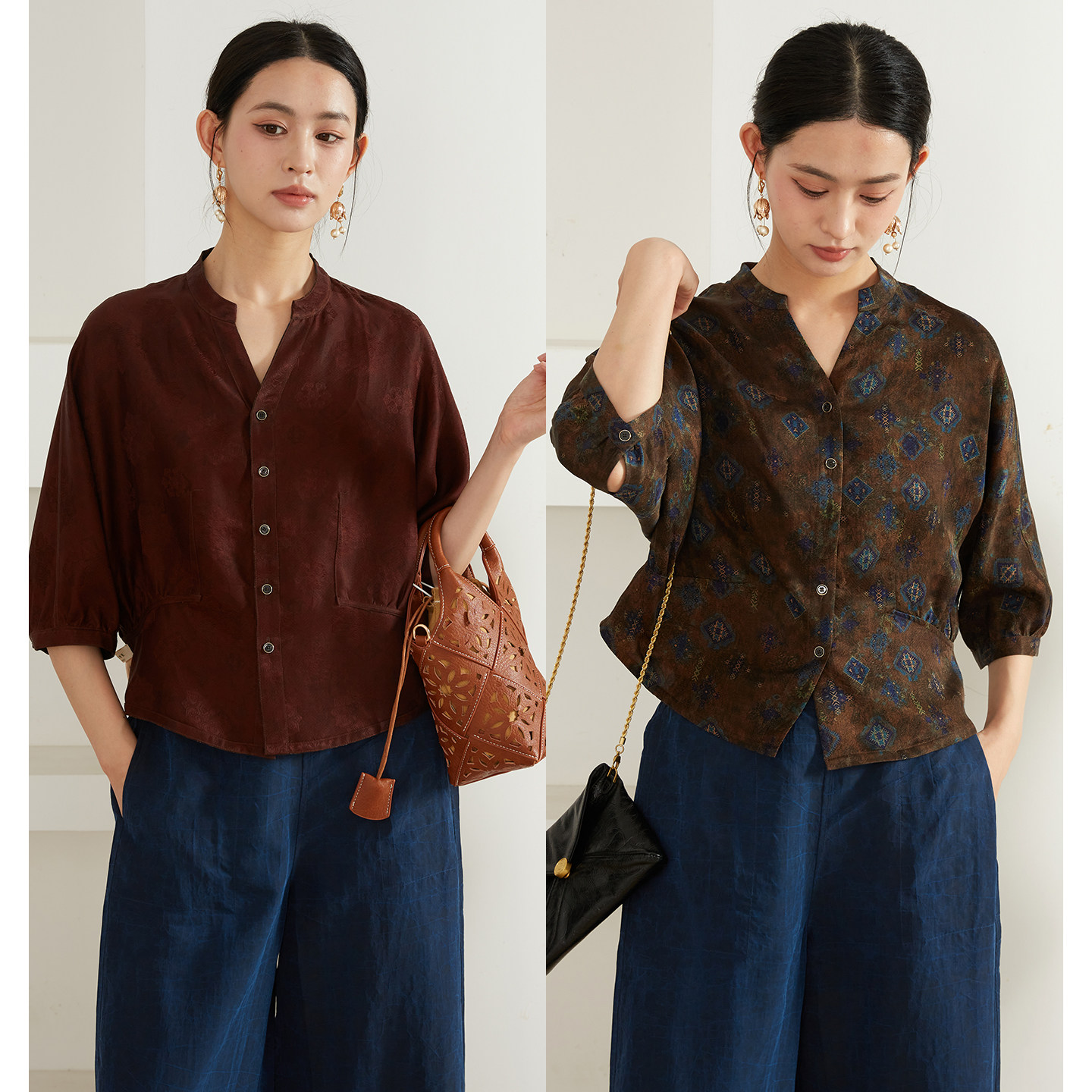 溯也 100%桑蚕丝花萝红云纱真丝V领衬衫上衣女设计感宽松休闲小衫