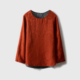一丝牵 真丝红云纱绞萝上衣女100%桑蚕丝圆领衬衣春 双面穿年轻款
