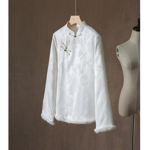 一丝牵填充100%羊毛真丝国风加厚保暖上衣水貂毛新中式桑蚕丝打底