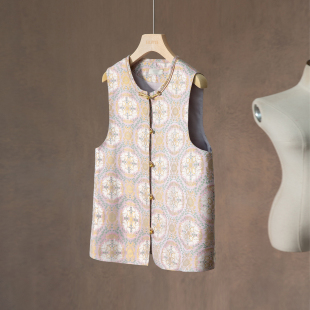 马甲100%桑蚕丝国风圆领上衣春 真丝宋锦新中式 一丝牵 金鱼戏莲粉