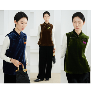 特惠 马夹上衣春 丝绒立领斜门襟暗扣真丝国风马甲女桑蚕丝新中式