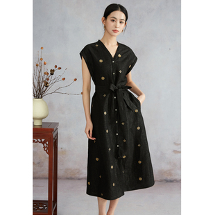 高定 A字裙 100%桑蚕丝龟裂纹香云纱国风宝相花刺绣真丝连衣裙春季