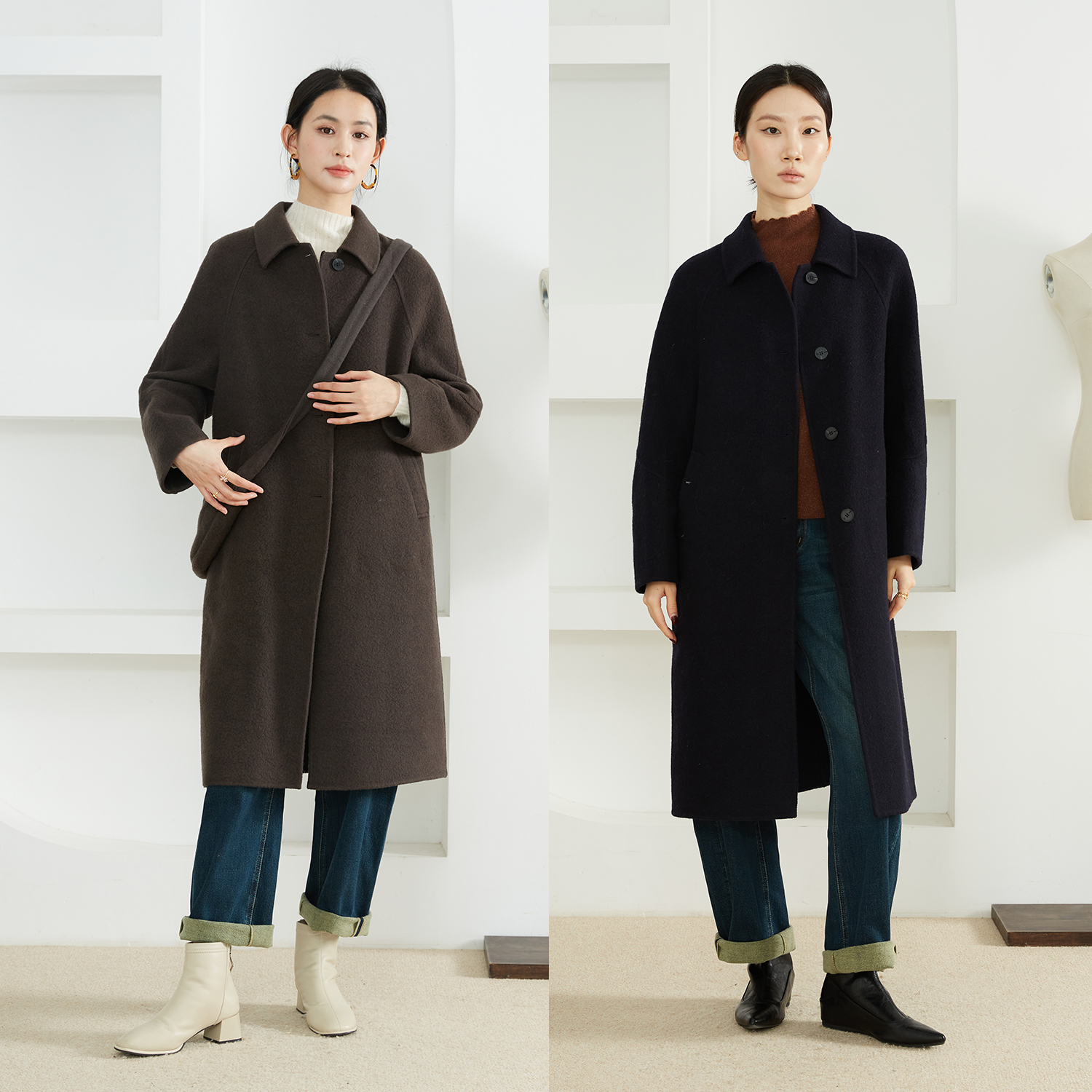 一丝牵苏力羊驼毛羊毛长款双面呢大衣带包包翻领毛呢外套赫本风冬