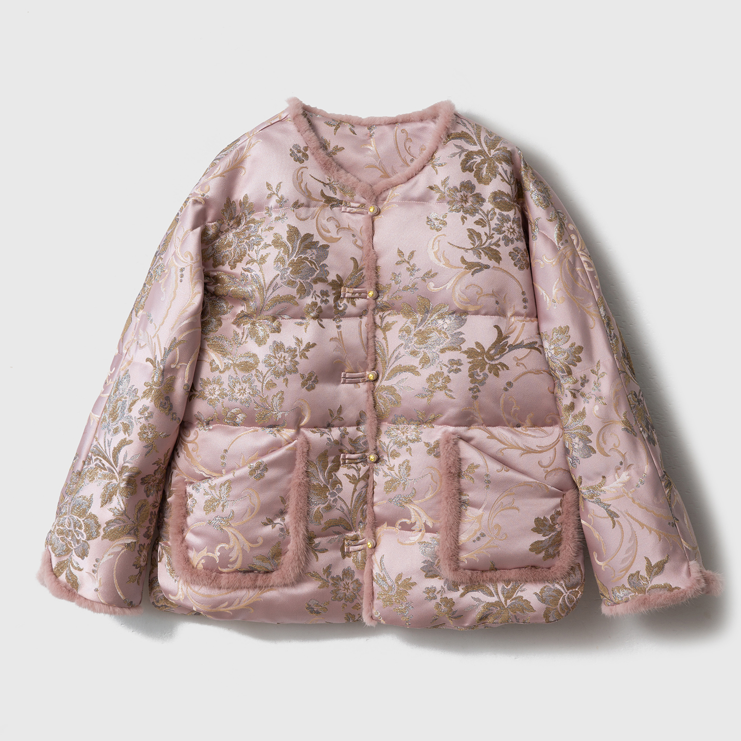 高定国标90白鸭绒水貂毛织金缎面提花新中式羽绒服国风加厚外套冬