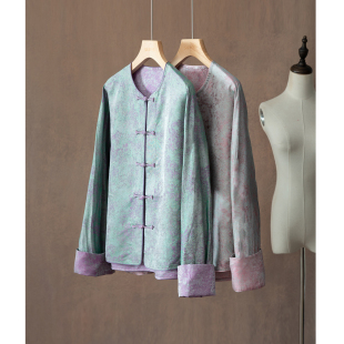 外套圆领开衫 挽袖 100%桑蚕丝国色织宋锦扎染真丝长袖 SILVIYE溯也