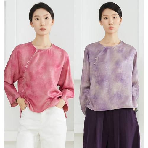 高定双面穿100%桑蚕丝异色萝真丝国风长袖上衣女新中式斜门襟小衫