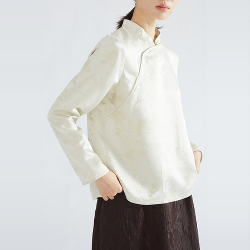 一丝牵 立领提花金丝真丝上衣女100%桑蚕丝新中式小衫国风衬衣秋