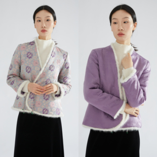 水貂毛棉服女 一丝牵双面穿国风桑蚕丝真丝宋锦提花夹棉外套新中式