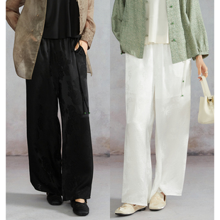 高定 松紧腰系带直筒裤 真丝休闲长裤 春 100%桑蚕丝花萝提花阔腿裤