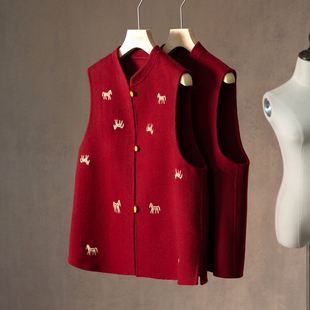 一丝牵山羊绒绵羊毛新中式 红色新年马甲女国风金线刺绣外穿马夹春