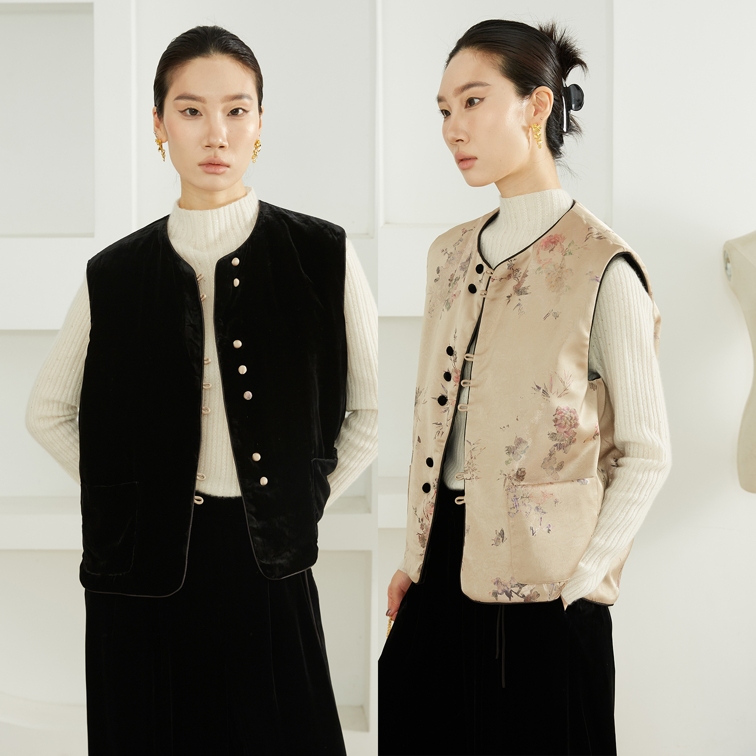 高定90白鹅绒双面穿新中式丝绒鹅绒服马甲外套女国风真丝羽绒服冬