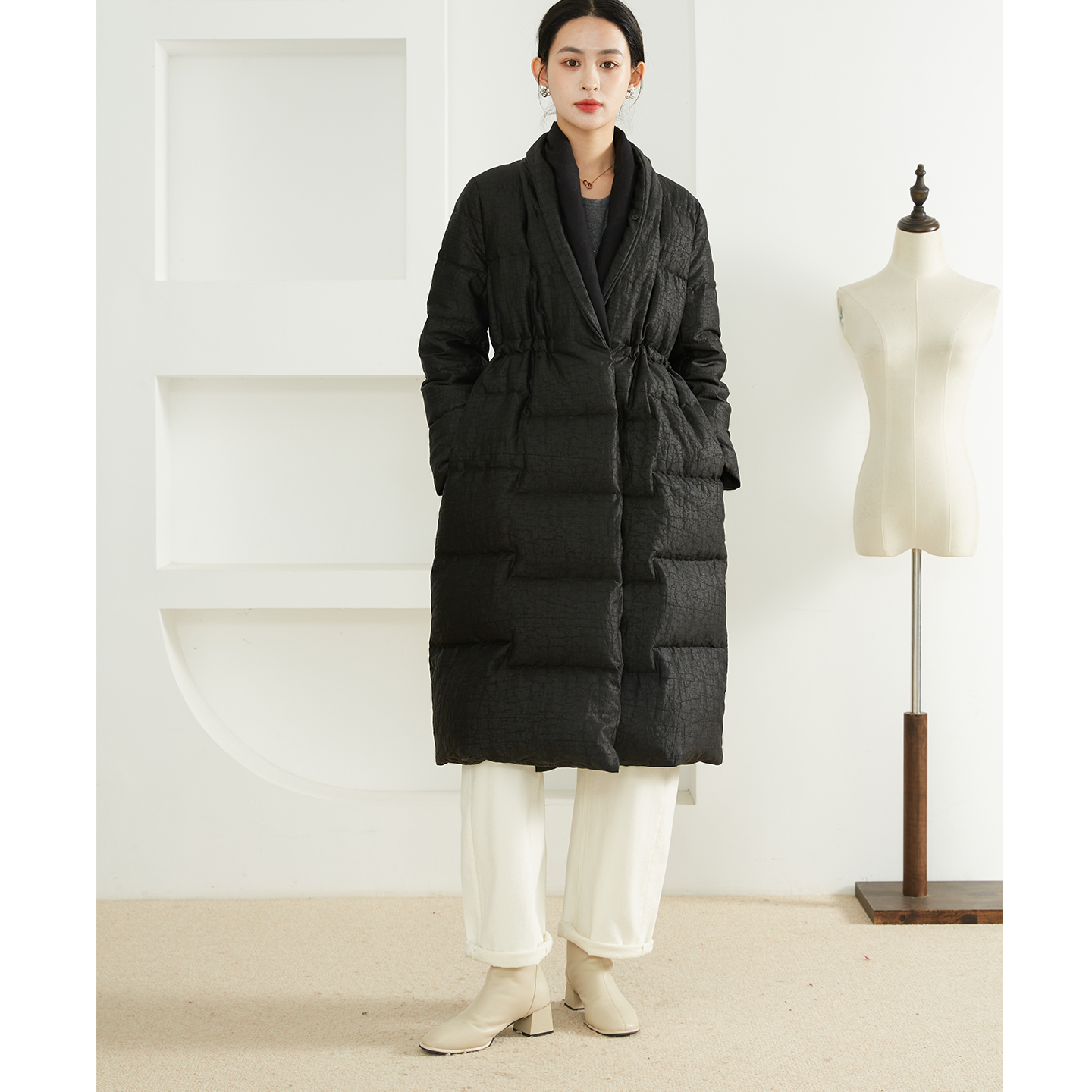 100%桑蚕丝香云纱90白鹅绒中长款羽绒服防风收腰保暖外套2025冬季