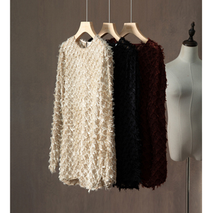 高定 上衣宽松显瘦春 独特面料100%桑蚕丝拉毛设计真丝圆领长袖