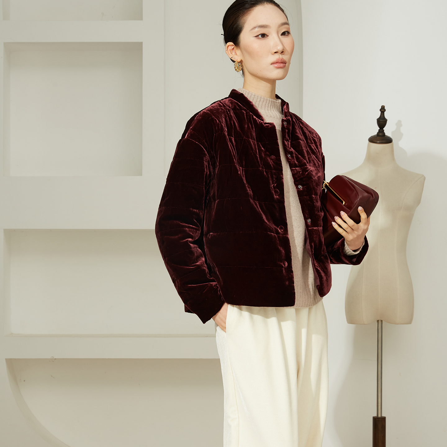 高定90白鹅绒国风立领丝绒羽绒服女新中式气质宽松保暖外套鹅绒服