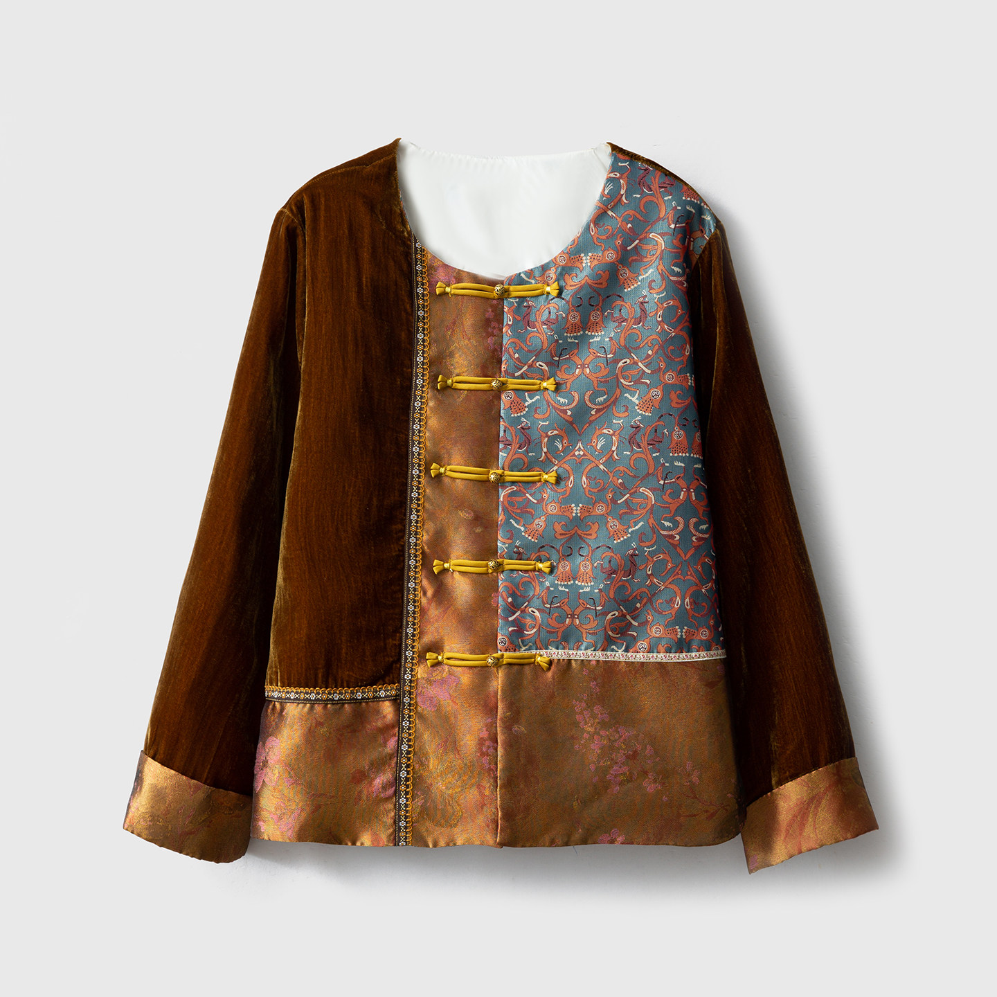 一丝牵国风丝绒拼接圆领挽袖真丝夹棉开衫外套女设计感宽松上衣冬