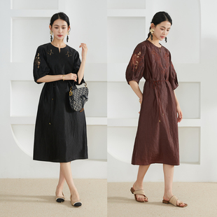 高定 长裙女 镂空刺绣红云纱真丝香云纱连衣裙100%桑蚕丝V领灯笼袖